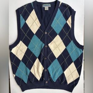 Arnold‎ Palmer V-Neck Cotton Knit Sweater Vest in Navy and Cream Argyle Large